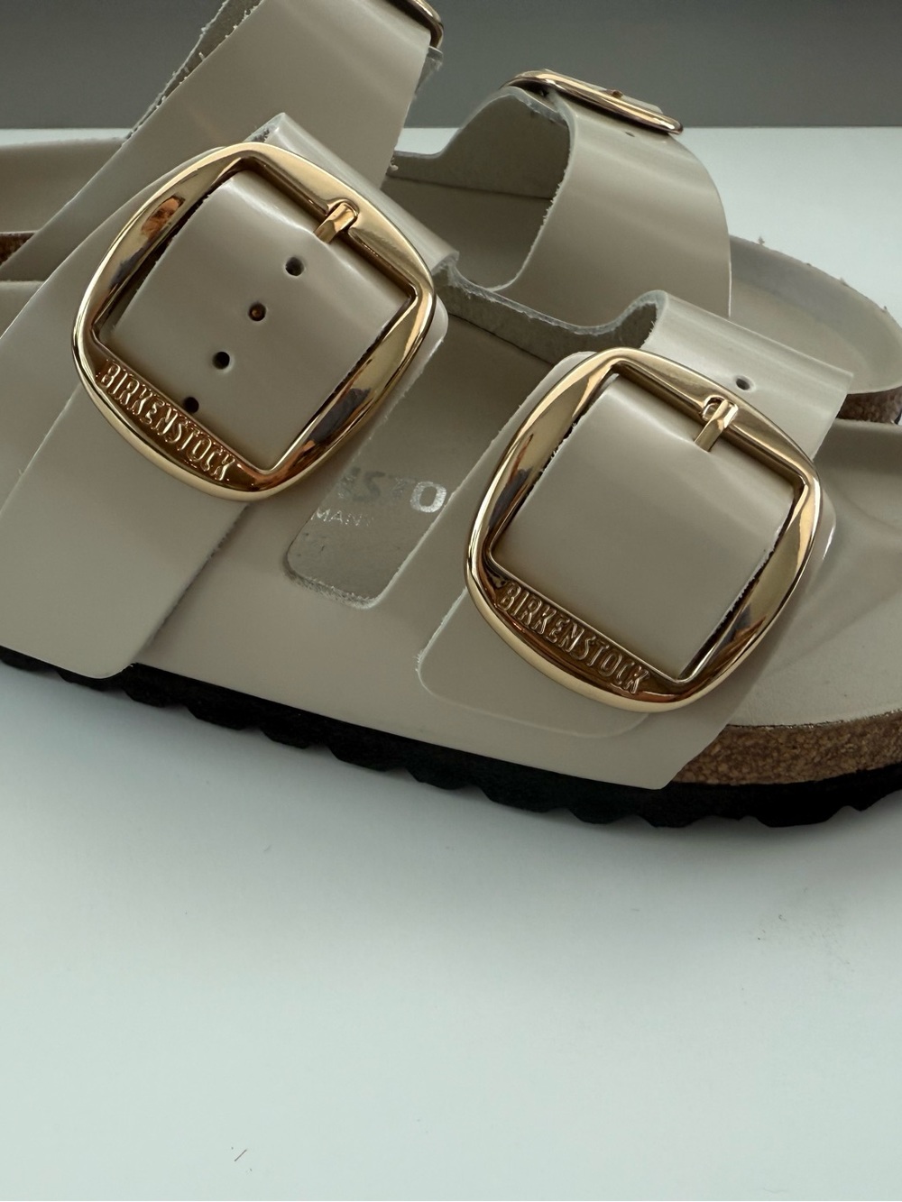 Birkenstock Arizona Sandals in oyster with Gold Buckles - high gloss